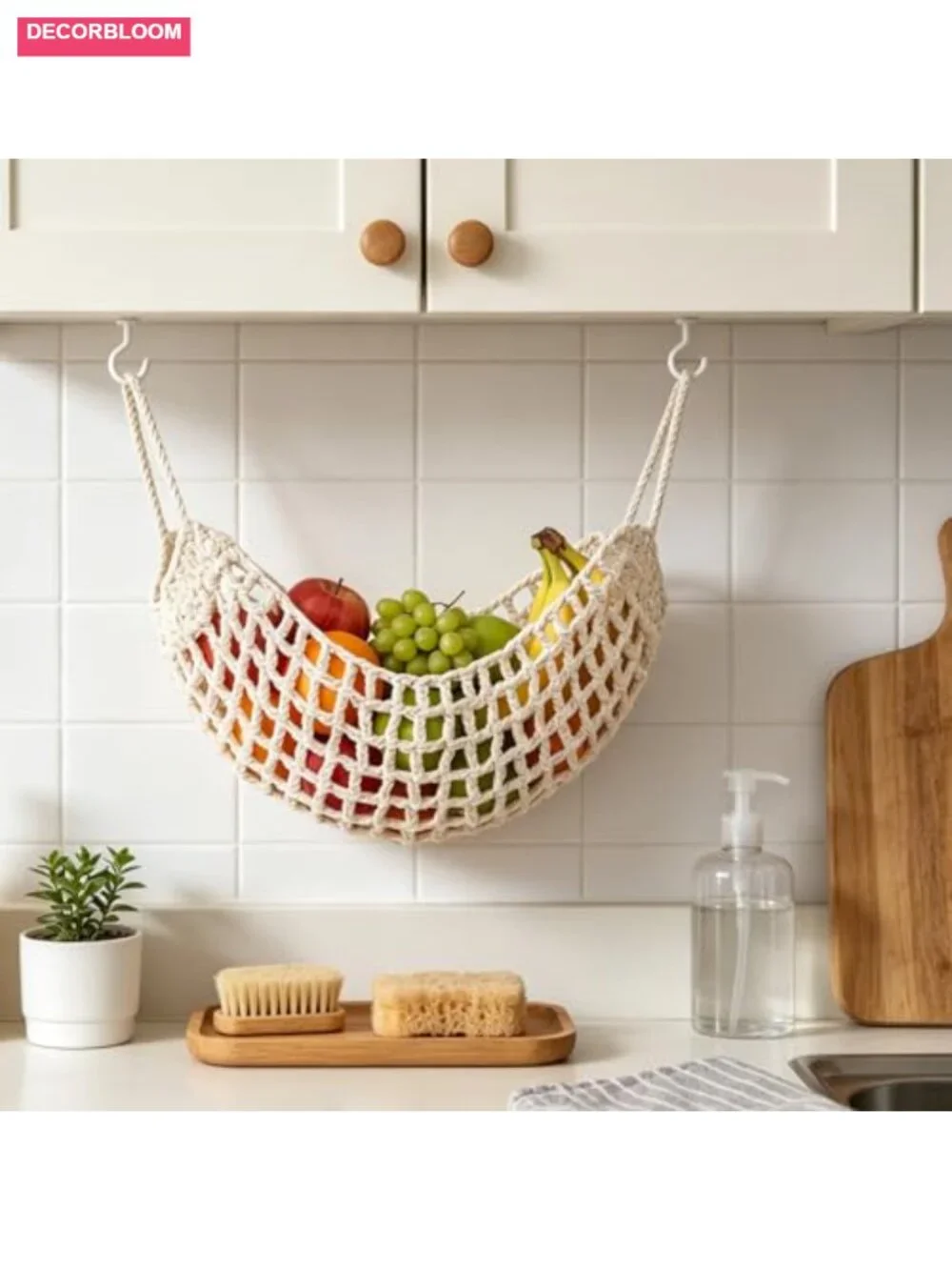 Handwoven Cotton Macrame Fruit Hammock with 4 Hooks Vegetable Storage